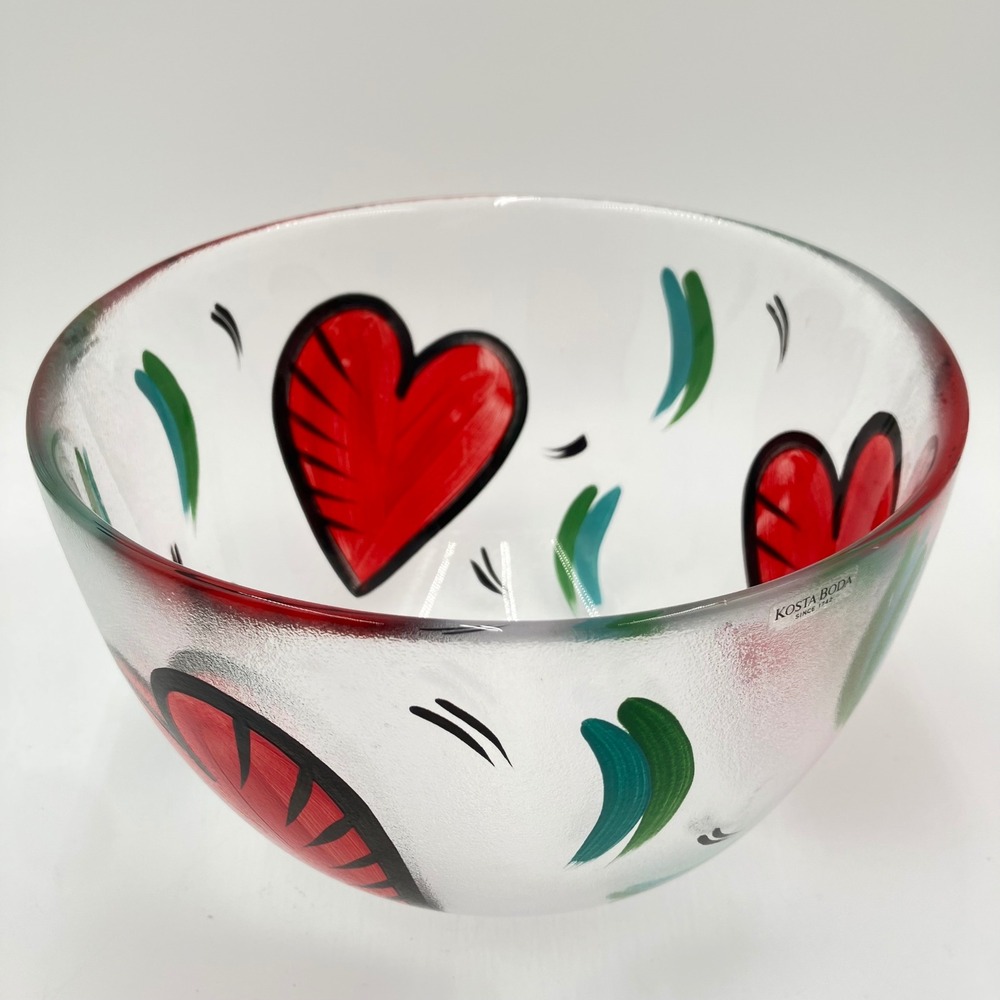 Kosta Boda Ulrica Hydman Vallien Hand Painted Red Heart Frosted Art Glass Bowl